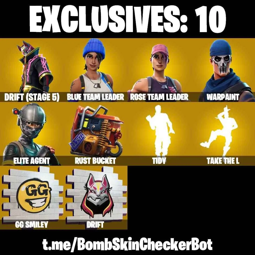 ❤️67 SKINS❤️TAKE THE L❤️ELITE AGENT❤️YUJI ITADORI❤️STREETWEAR YUJI ITADORI❤️GET GRIDDY❤️OG STW❤️POLARITY❤️TOY TROOPER❤️PLASTIC PATROLLER❤️TIDY❤️EREN JAEGER❤️ERA(MAX)❤️EVIE❤️TSUKI 2.0❤️MARIPOSA❤️AURA❤️DRIFT(STAGE 5)❤️RUST BUCKET❤️CAN PLAY ON PSN❤️XBOX❤️PC❤️
