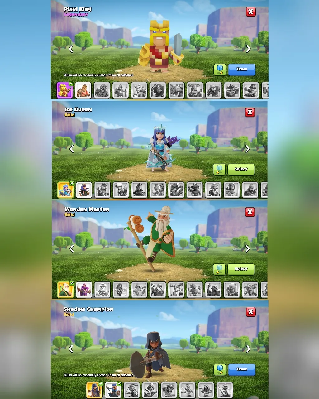 C052 TH13 - XP182 - 265 GEMS - CN 500 GEMS - BK60 SKIN PIXEL KING GG12 - AQ61 SKIN ICE QUEEN - GW41 SKIN WARDEN MASTER