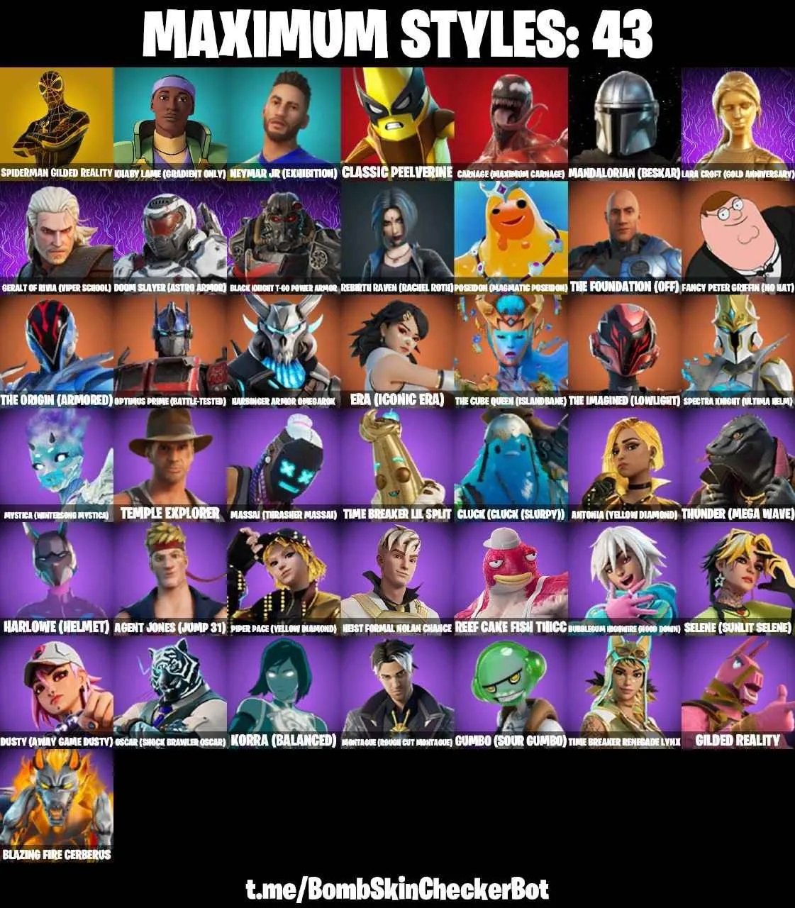 ❤️152 SKINS❤️GET GRIDDY❤️GOLDEN LARA CROFT❤️FULL BESKAR MANDALORIAN❤️RACHEL ROTH❤️GILDED SPIDER-MAN❤️SPIDER-GWEN❤️CLONE TROOPER❤️AHSOKA TANO❤️PREADATOR❤️EREN JAEGER❤️ERA(MAX)❤️MYSTICA(MAX)❤️MARIPOSA❤️CHARLOTTE❤️KOR❤️TSUKI 2.0❤️ARTEMIS❤️HELSIE❤️EVIE❤️