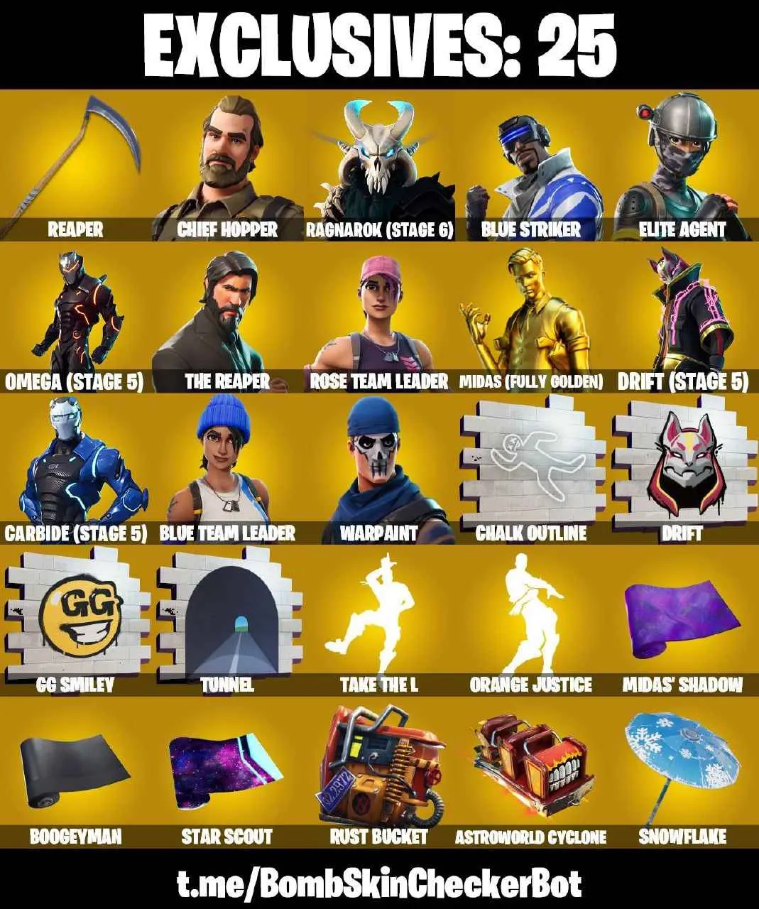 ❤️151 SKINS❤️TAKE THE L❤️THE REAPER❤️OMEGA(STAGE 5)❤️ELITE AGENT❤️CHIEF HOPPER❤️OG STW❤️SPIDER-MAN❤️MANDALORIAN❤️SITH TROOPER❤️ORANGE JUSTICE❤️GOLDEN MIDAS❤️MYSTICA(MAX)❤️CHARLOTTE(MAX)❤️KOR(MAX)❤️ONESIE(MAX)❤️MAYA❤️ARTEMIS❤️ZOEY❤️ROOK❤️JULES❤️AGENT PEELY❤️