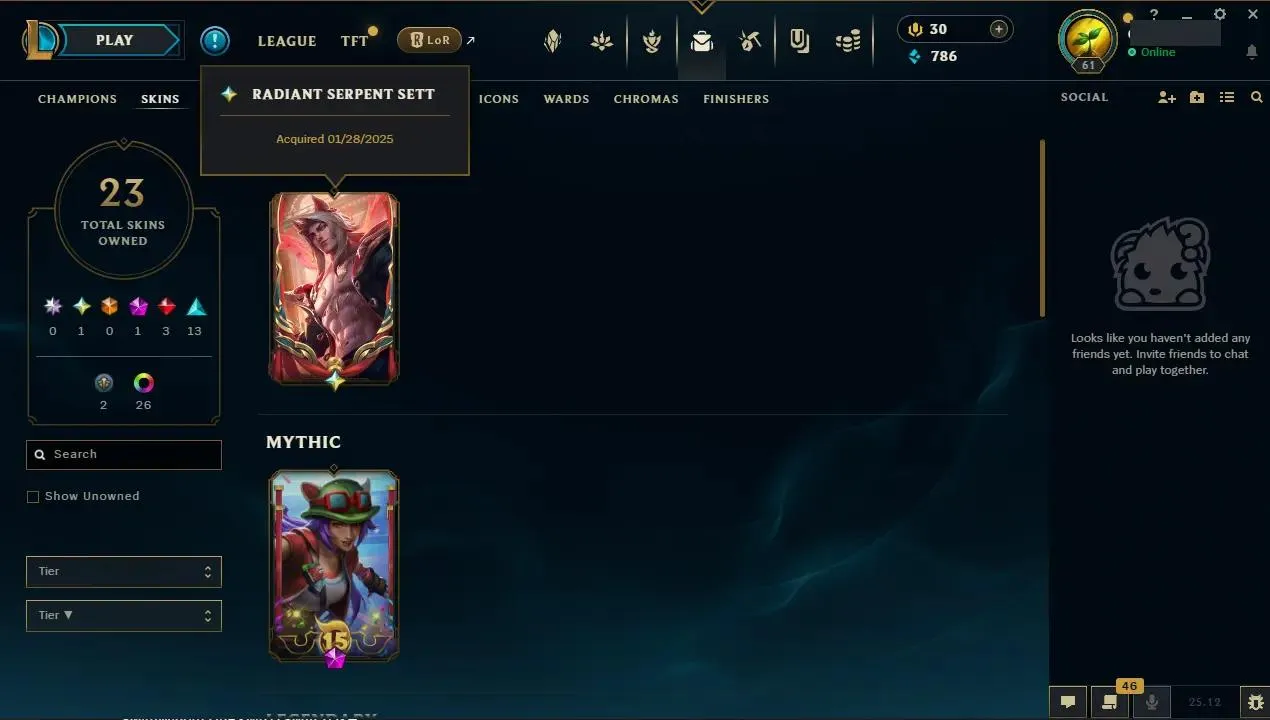 ✨ EUW ➜ S15 ⭐ Hand-made ✨ Radiant Serpent Sett & More ⚡ Emerald IV (56 LP) ♟️ Champs: 34  🎨 Skins: 23 ⭐ LV: 61 💰 BE: 786 ♾️ Lifetime Ownership 📧 Full Email Access 👑 High Quality Riot Account #FALK
