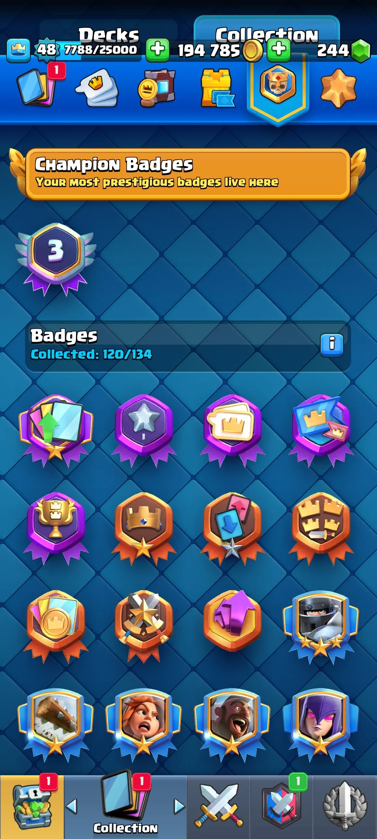 CR535 10,000 Trophies - Level 48 - 11 Evolutions - 55 Emotes - 7 Tower Skins - 121/121 Cards - 194,785 Gold - 244 Gems