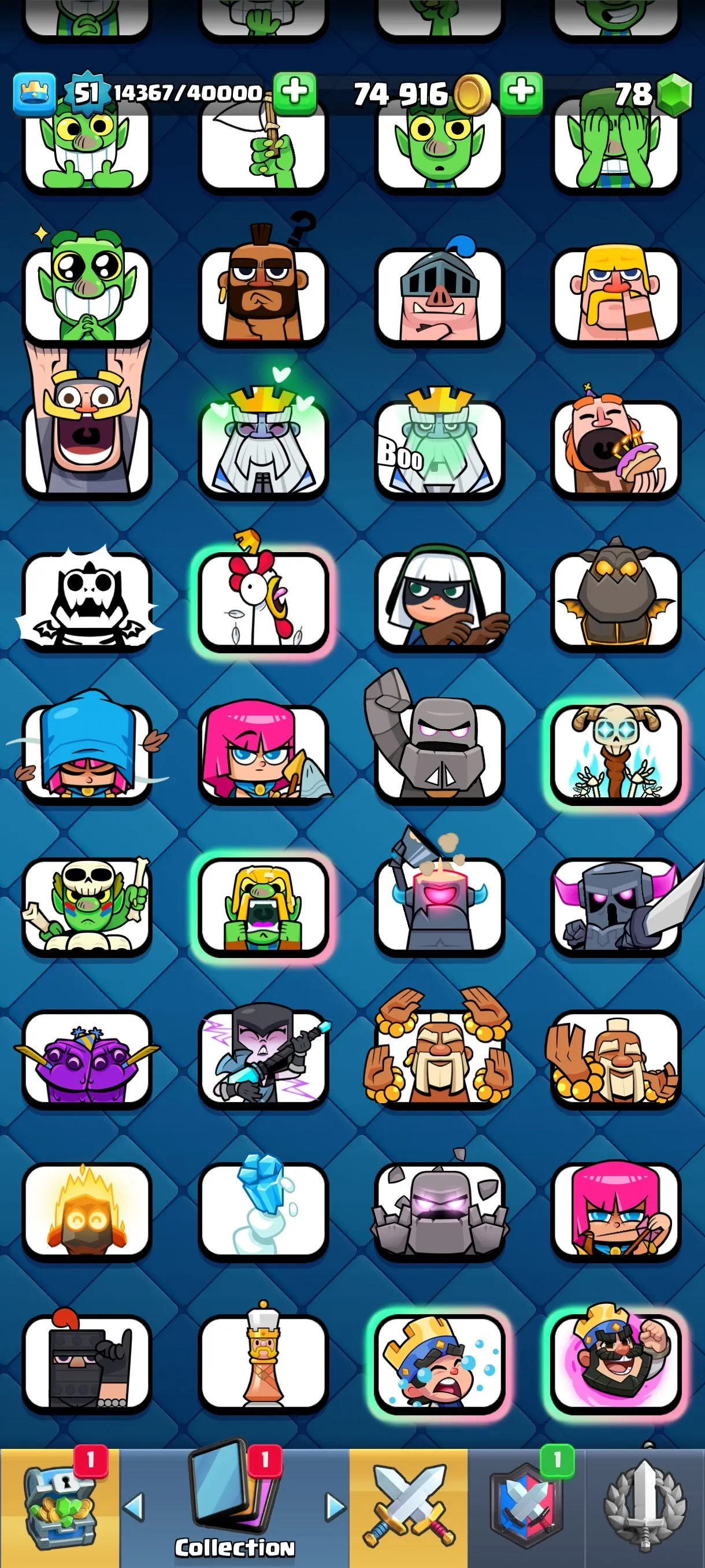 CR678 10000 cups 11 Evolutions 120 cards 78 gems 74916 gold King 51 Arena 25 77 emotes 8 tower skins max heroes
