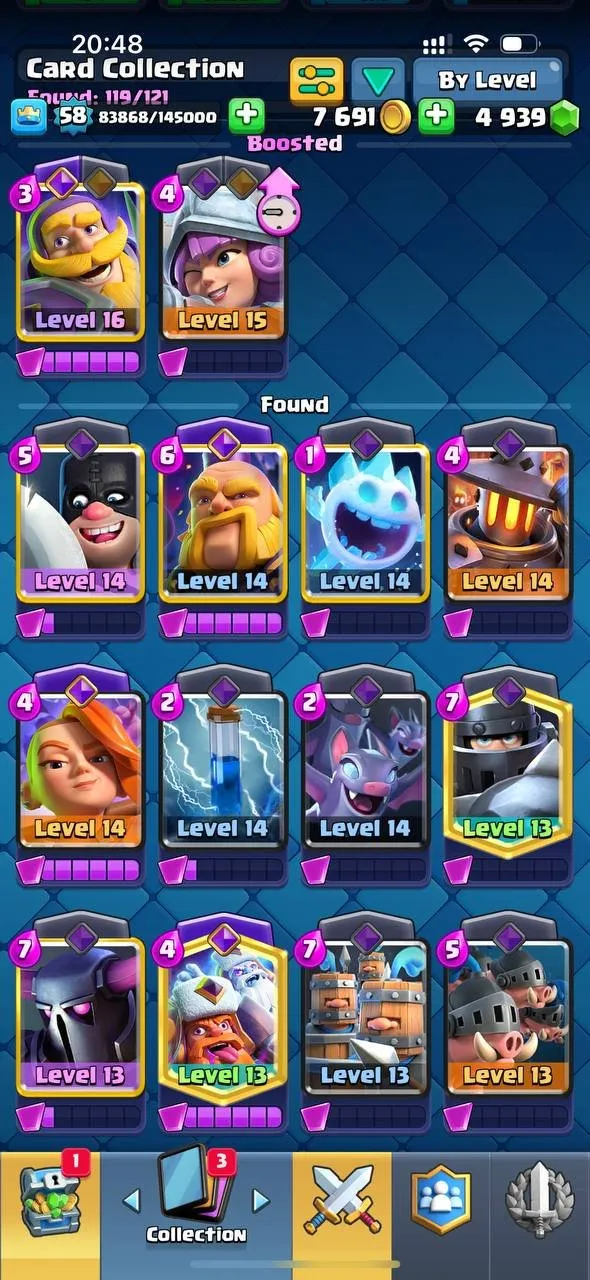 CR546 Arena 20 Level 58 | 7.6k Trophies | 19 Legendary Cards | 5 Evolutions | 4900 Gems | 33 Emotes | 119 Cards