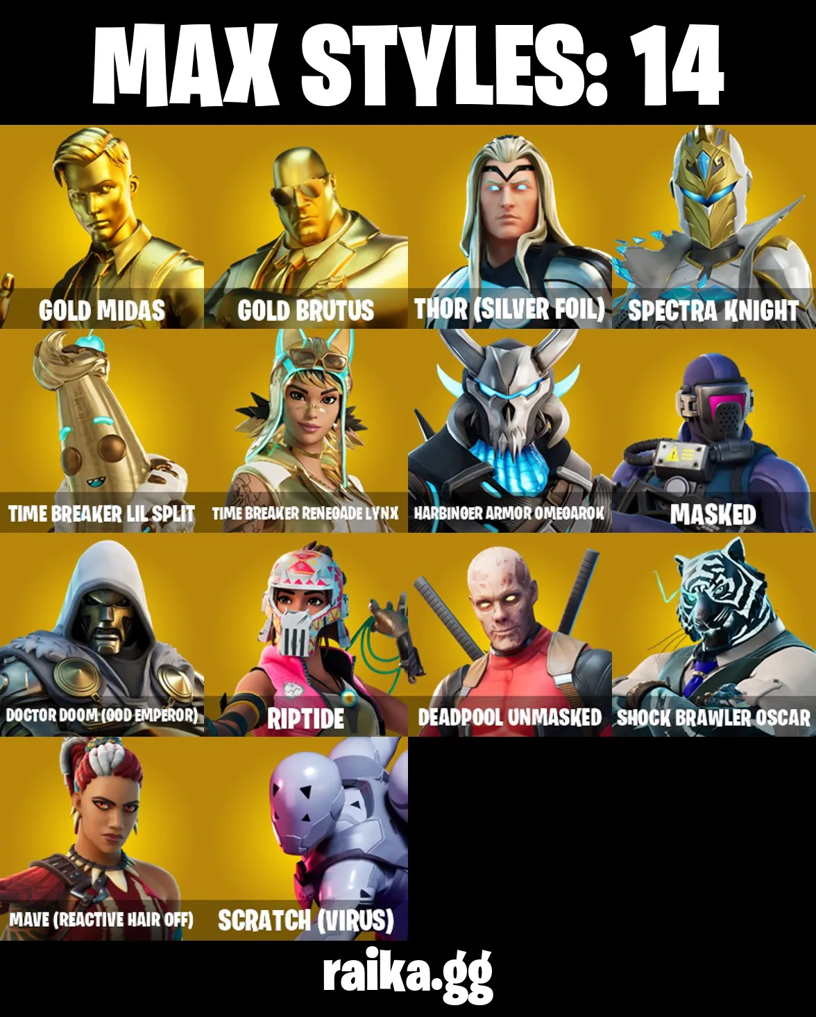 ❤️ 71 skins Lara Croft❤️Gold Midas❤️Gold Brutus❤️Spectra Knight❤️Gear Specialist Maya❤️Deadpool❤️Meowscles❤️Agent Peely