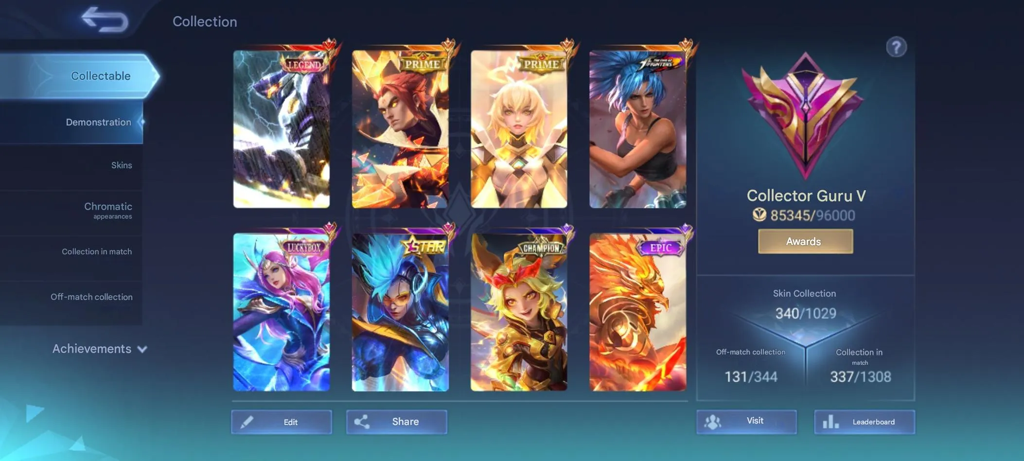 ML520 Legend Saber Prime Chong Beat Star Kagura Luckybox Odette P Ace Pharsa Drawing Odette Fiery Crown 340 Skins