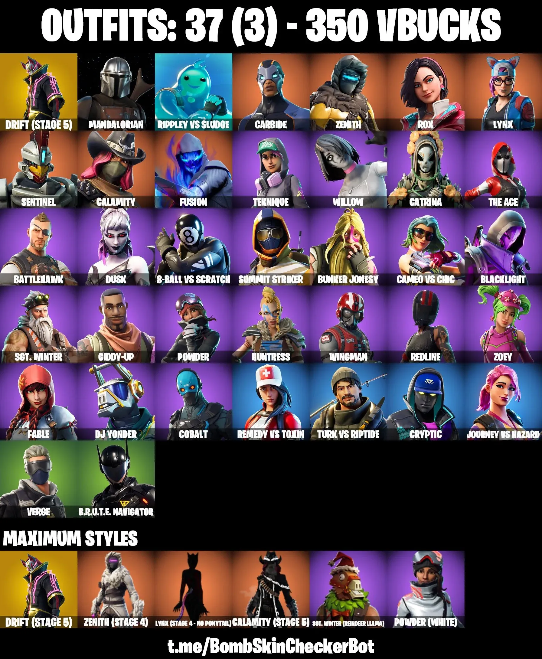 37 SKINS | DRIFT (STAGE 5) | MANDALORIAN | RIPPLEY VS SLUDGE | CARBIDE | ZENITH (STAGE 4) | ROX | LYNX | SENTINEL | CALAMITY | FUSION | TEKNIQUE | EMAIL CHANGEABLE