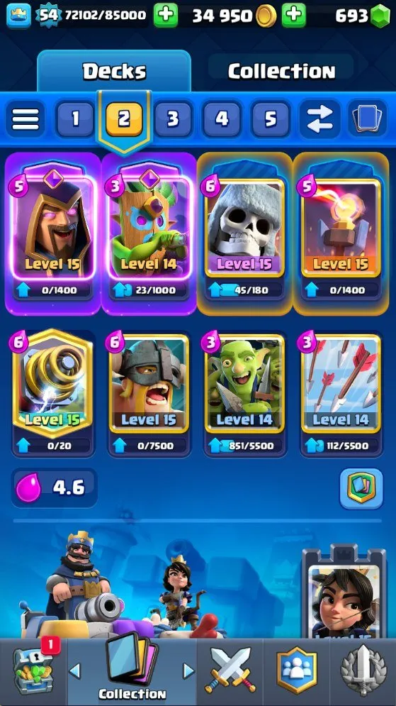 CR574 Maxed 10k trophies lvl 54, arena 24, 121 cards found, 6 lvl 15 deck, 13 lvl 14, 10 evolutions, 46 emotes, 19 legendary, 693 gems, 34k gold