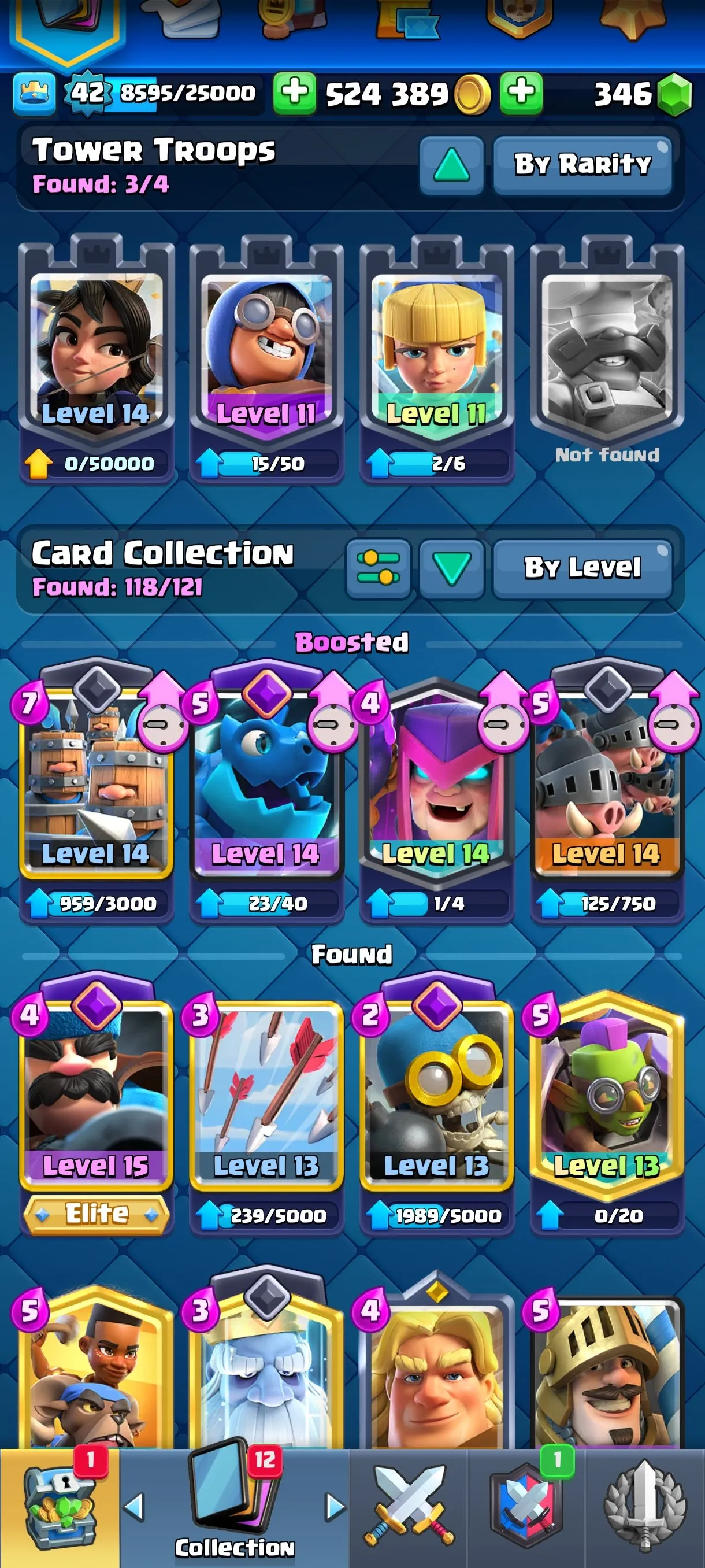 CR621 Maxed 8708 Cups star 11 Evolutions Lv14 Meta Cards 524k Gold 346 Gems 3 Towers 43 Emotes 118 Cards Name Change