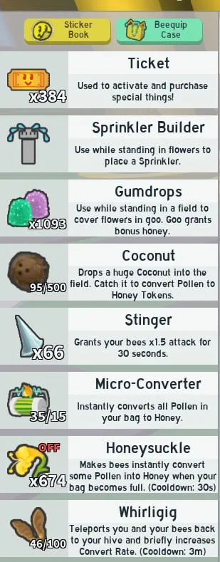 RBL3018 Bee Swarm Simulator Account 40 Bees Sprinkler Builder Gumdrops Coconut Clogs Stinger Micro Converter Honeysuckle Hasty Bee Enzymes (G)