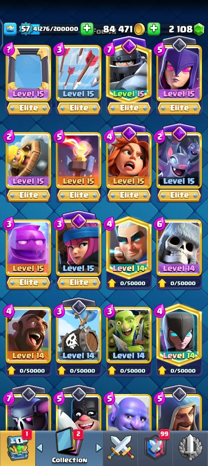 CR498 KT 15 LV57 | 9390 Trophies | 7 Evolutions | 60 Max Level Cards | 10 Elite Level 15 Cards | 119 Cards | 2108 Gems | 151 Emotes