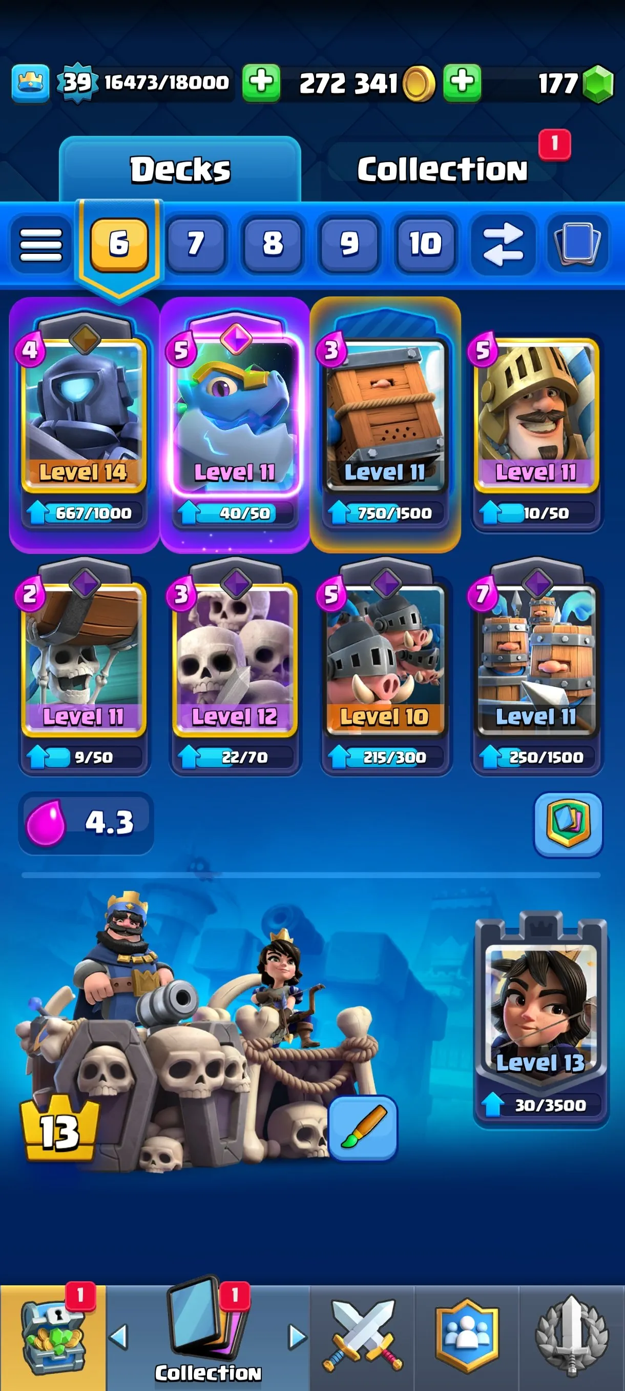 CR680 7293 cups 9 Evolutions 118 cards 177 gems 272341 gold King 39 Arena 19 35 emotes 4 tower skins rich deck