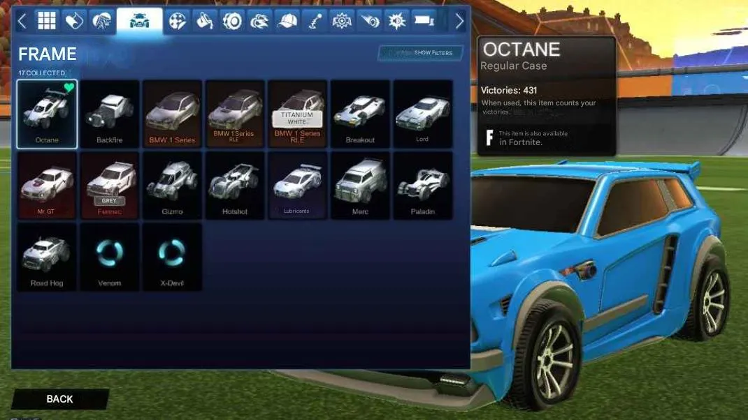 STOCK796 //Full Access Gray Fennec, Titanium White BMW, Octane, 50 Rocket Boosts, 15 Goal Explosions, 23 Decals (K)