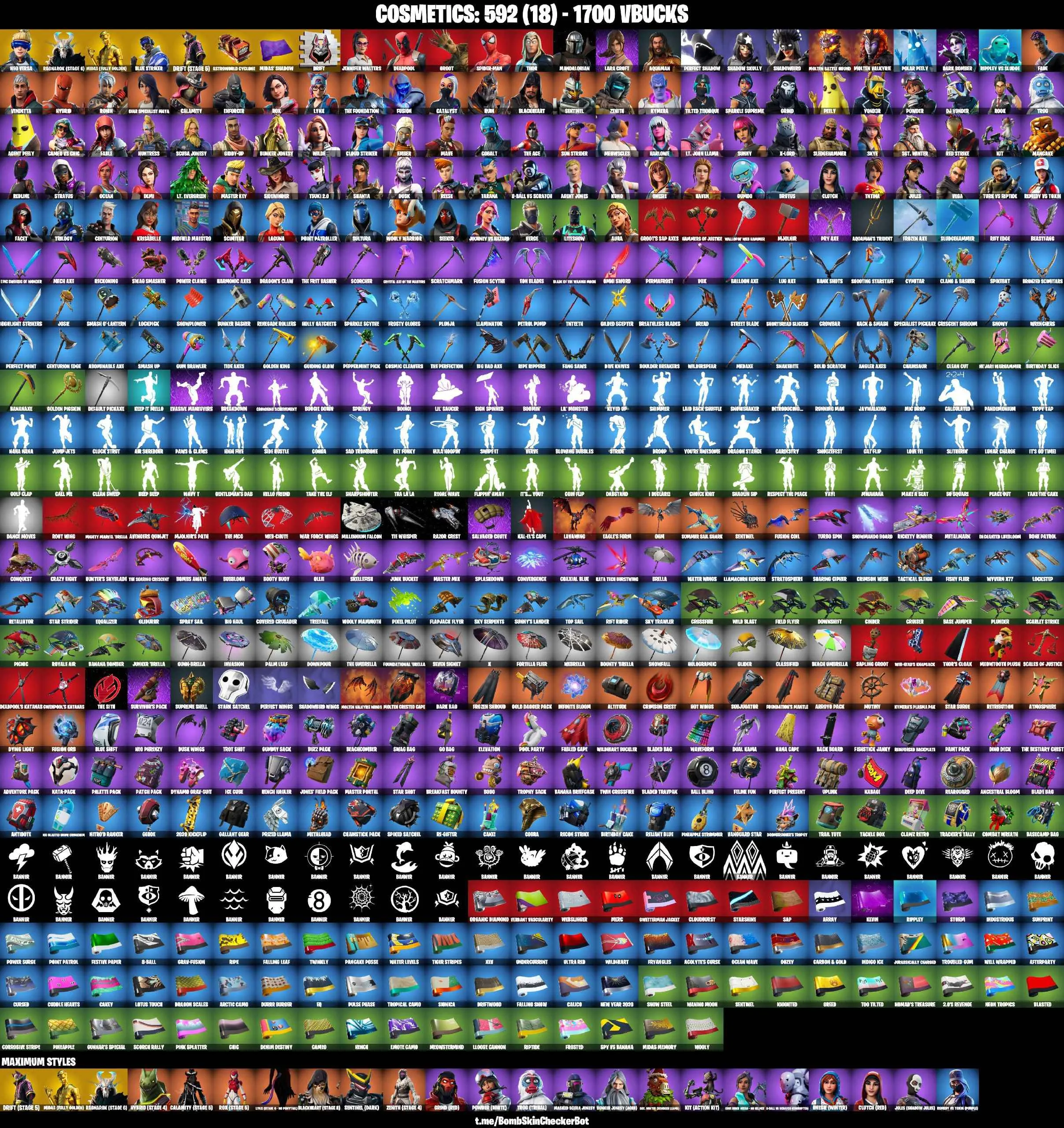 ❤️112 SKINS❤️NEO VERSA❤️LARA CROFT❤️MANDALORIAN❤️SPIDER-MAN❤️INTRODUCING❤️GOLDEN MIDAS❤️ONESIE(MAX)❤️JULES(MAX)❤️ROOK❤️TSUKI 2.0❤️AURA❤️DRIFT(STAGE 5)❤️RAGNAROK(STAGE 6)❤️AGENT PEELY❤️SKYE❤️8-BALL(MAX)❤️ASTROWORLD CYCLONE❤️PEPPERMINT PICK❤️TAKE THE ELF❤️