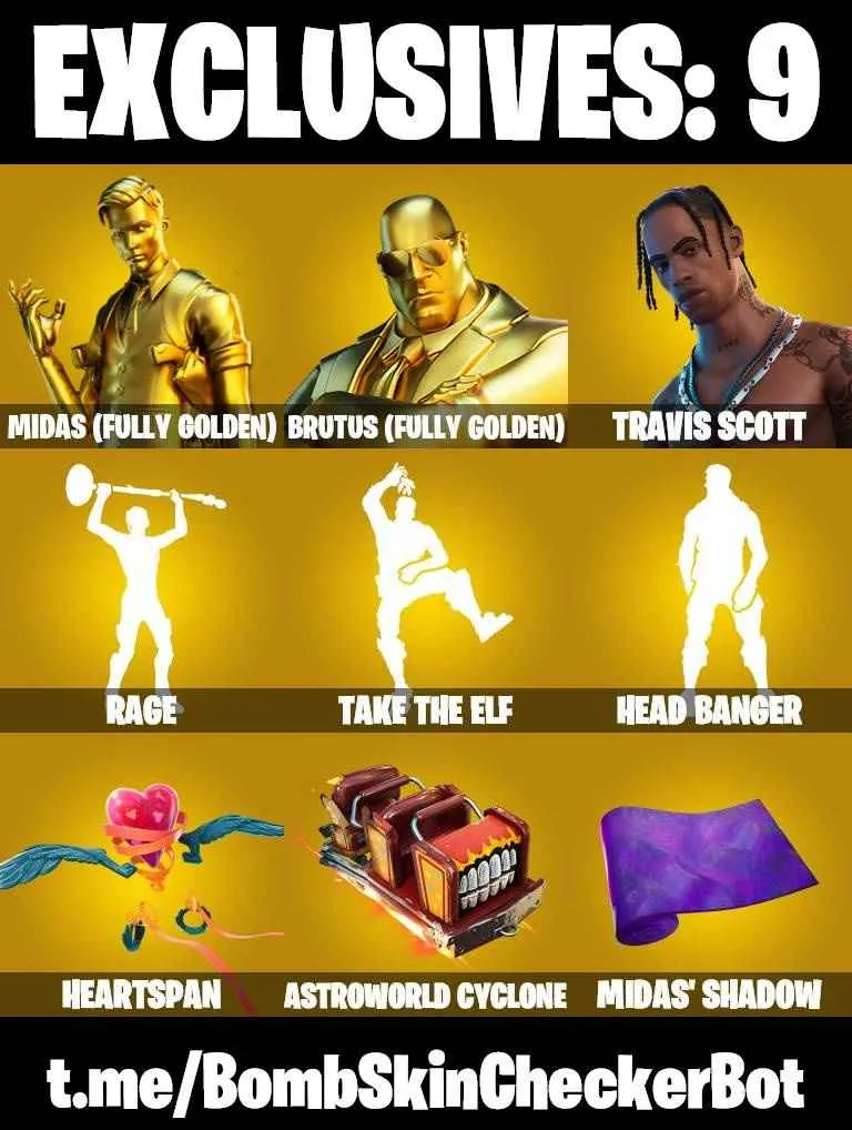 ❤️36 SKINS❤️TRAVIS SCOTT❤️GOLDEN MIDAS❤️MAYA❤️AGENT PEELY❤️SKYE❤️8-BALL(MAX)❤️SIDEWINDER(MAX)❤️HYBRID(STAGE 4)❤️BLACKHEART(STAGE 8)❤️CRYSTAL❤️PEPPERMINT PICK❤️TAKE THE ELF❤️CAN PLAY ON PSN❤️XBOX❤️PC❤️NINTENDO❤️MOBILE❤️700 VBUCKS❤️FULL EMAIL ACCESS❤️