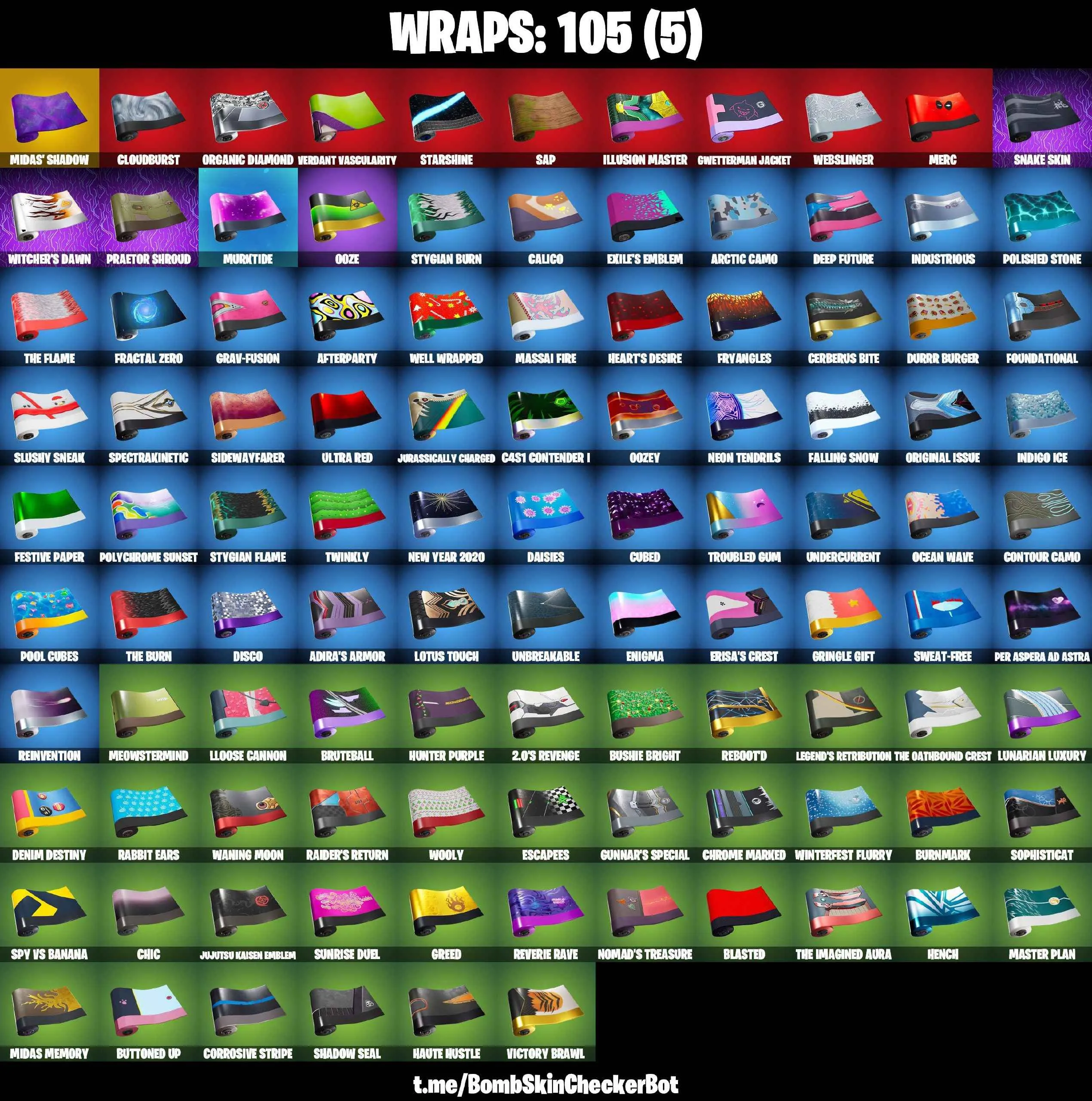 ❤️116 SKINS❤️BACKLASH❤️MINA PARK❤️RAVENPOOL❤️CUDDLEPOOL❤️GILDED SPIDER-MAN❤️LAUGH IT UP❤️WINDMILL FLOSS❤️STAR WAND❤️GOLDEN MIDAS❤️DUMMY❤️MAYA❤️HELSIE❤️JULES❤️TSUKI 2.0❤️REVERIE❤️AURA❤️BULLSEYE❤️AGENT PEELY❤️SCARLET COMMANDER❤️RUST BUCKET❤️ASTROWORLD CYCLONE❤️