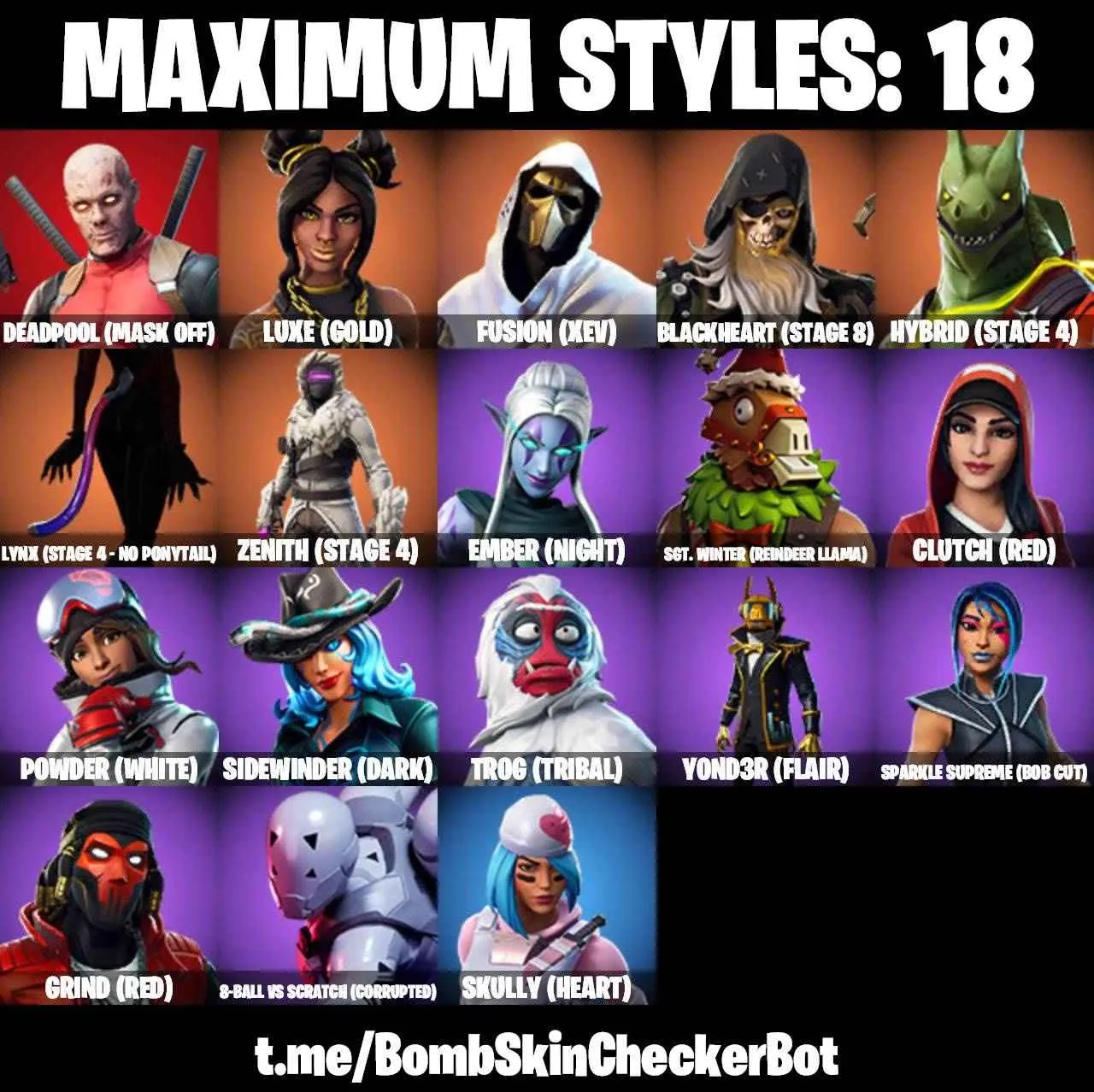 ❤️99 SKINS❤️JOHN WICK❤️SKULL TROOPER❤️212TH BATTALION TROOPER❤️501ST TROOPER❤️WINDMILL FLOSS❤️INTRODUCING❤️MAYA❤️LYNX(STAGE 4)❤️HYBRID(STAGE 4)❤️ZENITH(STAGE 4)❤️BLACKHEART(STAGE 8)❤️8-BALL(MAX)❤️AGENT PEELY❤️MERRY MARAUDER❤️VERGE❤️REAPER❤️PEPPERMINT PICK❤️