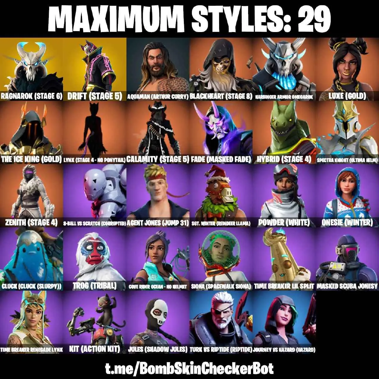 ❤️130 SKINS❤️TAKE THE L❤️TRAILBALZER❤️FREESTYLIN❤️OG STW❤️OMEGA❤️WHIPLASH❤️HAVOC❤️SUB COMMANDER❤️LARA CROFT❤️SPIDER-MAN❤️ORANGE JUSTICE❤️INTRODUCING❤️STAR WAND❤️MAYA❤️ZOEY❤️ROOK❤️ONESIE(MAX)❤️JULES(MAX)❤️AURA❤️DRIFT(STAGE 5)❤️RAGNAROK(STAGE 6)❤️AGENT PEELY❤️