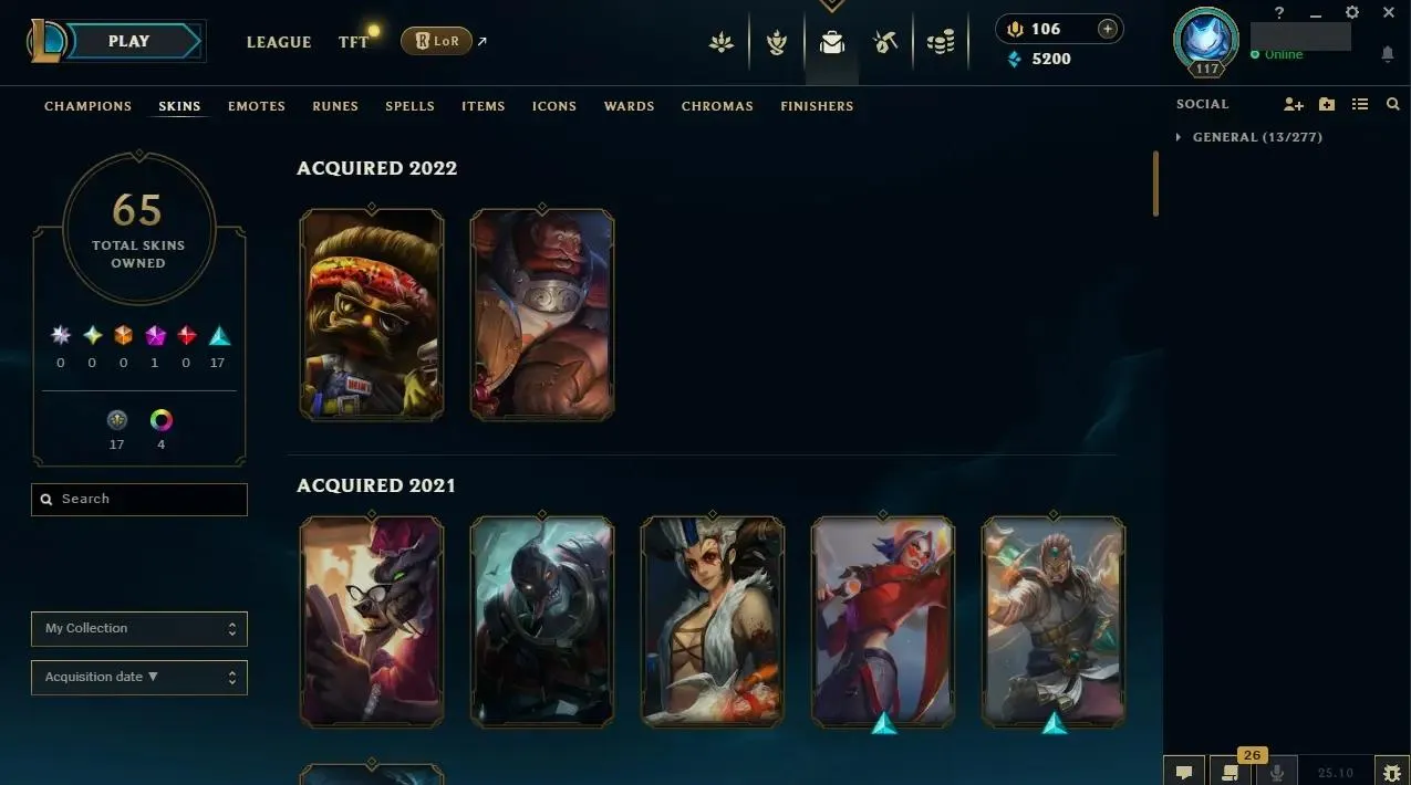 EUW ⭐ Hand-made ⭐ LV: 117 ⚡ ♟️ Champs: 155 🎨 Skins: 65  💰 BE: 5200 👑 1st Owner