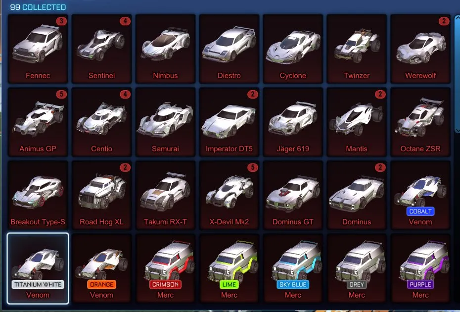 STOCK674 //Fennec, Titanium White Venom Set, 35+ Cars, 35+ Black Markets, Painted Mercs, Huge Import (K)