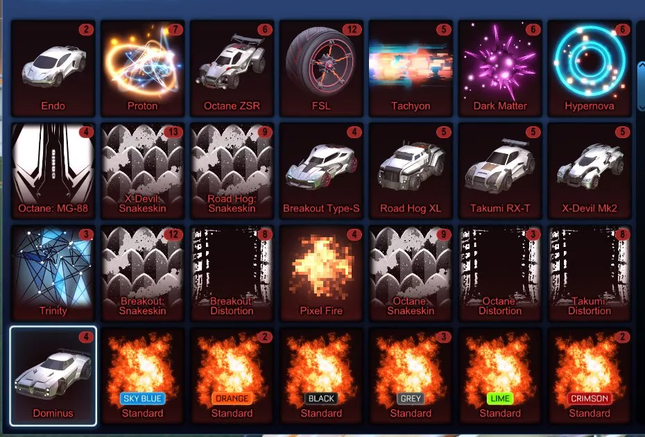STOCK695 //ACC with Fennec, 70+ Painted Cars, 70+ Black Markets, Octane ZSR, Dominus, Dueling Dragons (K)