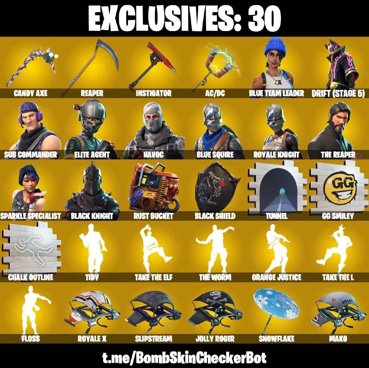 ❤️56 SKINS❤️BLACK KNIGHT❤️TAKE THE L❤️MAKO❤️THE REAPER❤️ELITE AGENT❤️ROYALE KNIGHT❤️BLUE SQUIRE❤️THE WORM❤️FLOSS❤️SPARKLE SPECIALIST❤️CANDY AXE❤️SKULL TROOPER❤️HAVOC❤️SUB COMMANDER❤️OMEGA❤️ORANGE JUSTICE❤️TIDY❤️STAR WAND❤️ZOEY❤️AURA❤️DRIFT(STAGE 5)❤️