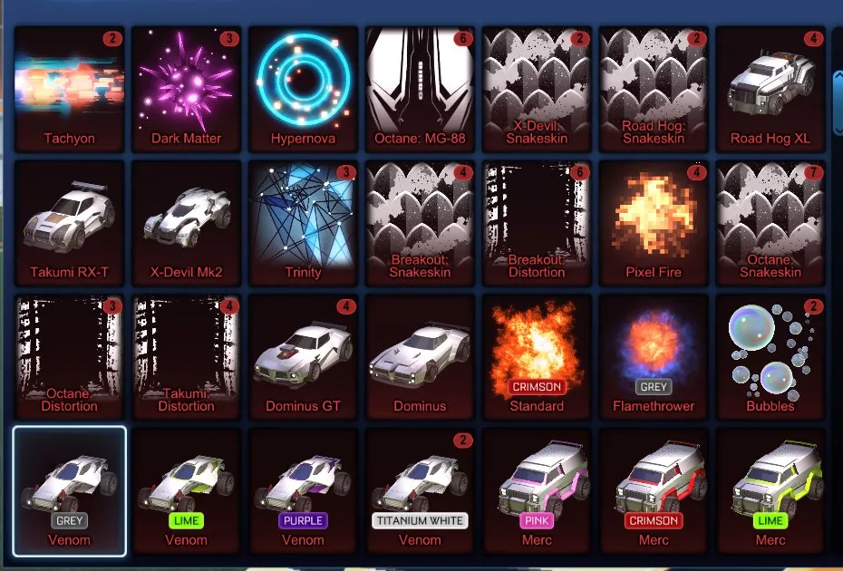 STOCK631 //Fennec, Titanium White Venom, 35+ Painted Cars, 130 Exotic Drops, Many Decals, Boosts and Wheels (K)