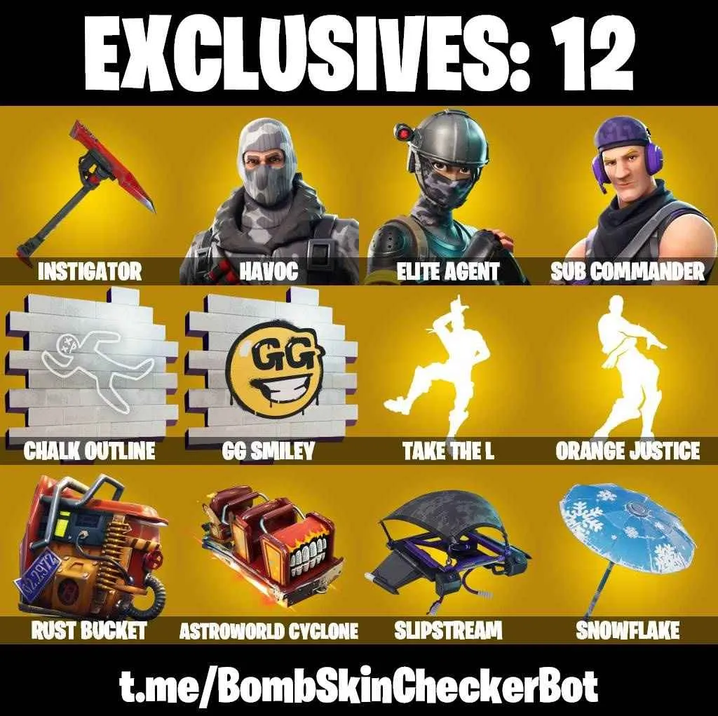 ❤️14 SKINS❤️TAKE THE L❤️ELITE AGENT❤️HAVOC❤️SUB COMMANDER❤️ORANGE JUSTICE❤️CALAMITY(STAGE 5)❤️TEKNIQUE❤️DARK VOYAGER❤️ROGUE AGENT❤️ASTROWORLD CYCLONE❤️SNOWFLAKE❤️RUST BUCKET❤️CAN PLAY ON PSN❤️XBOX❤️PC❤️NINTENDO❤️MOBILE❤️250 VBUCKS❤️FULL EMAIL ACCESS❤️