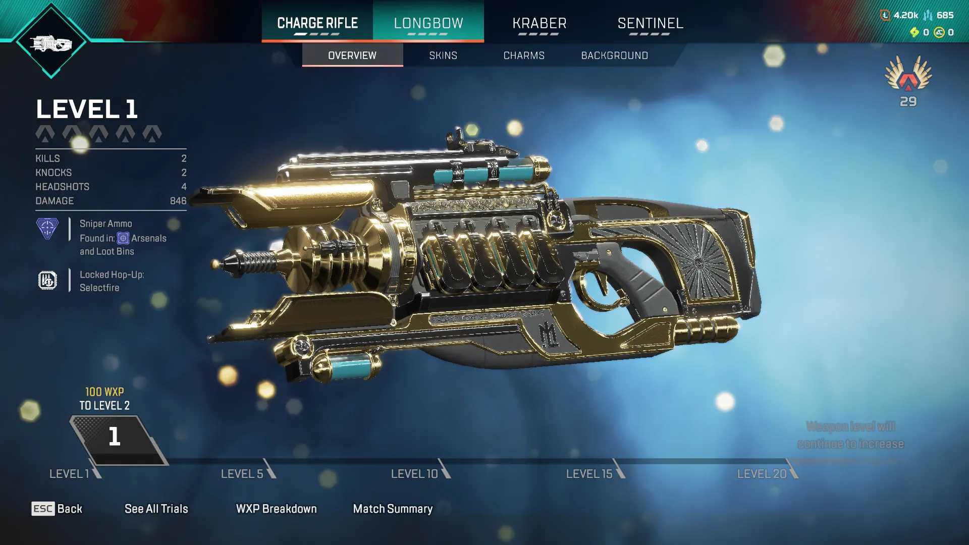 AP589 //Shadow on the Sun & Gold Rush Legendary Skins, Level 155, Ranked Ready (K)