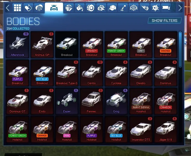 STOCK697 //Fennec, 70+ Painted Cars, 200 Exotic Drops, TW Standard Boost, Many Black Market Decals and Goal Explosions (K)