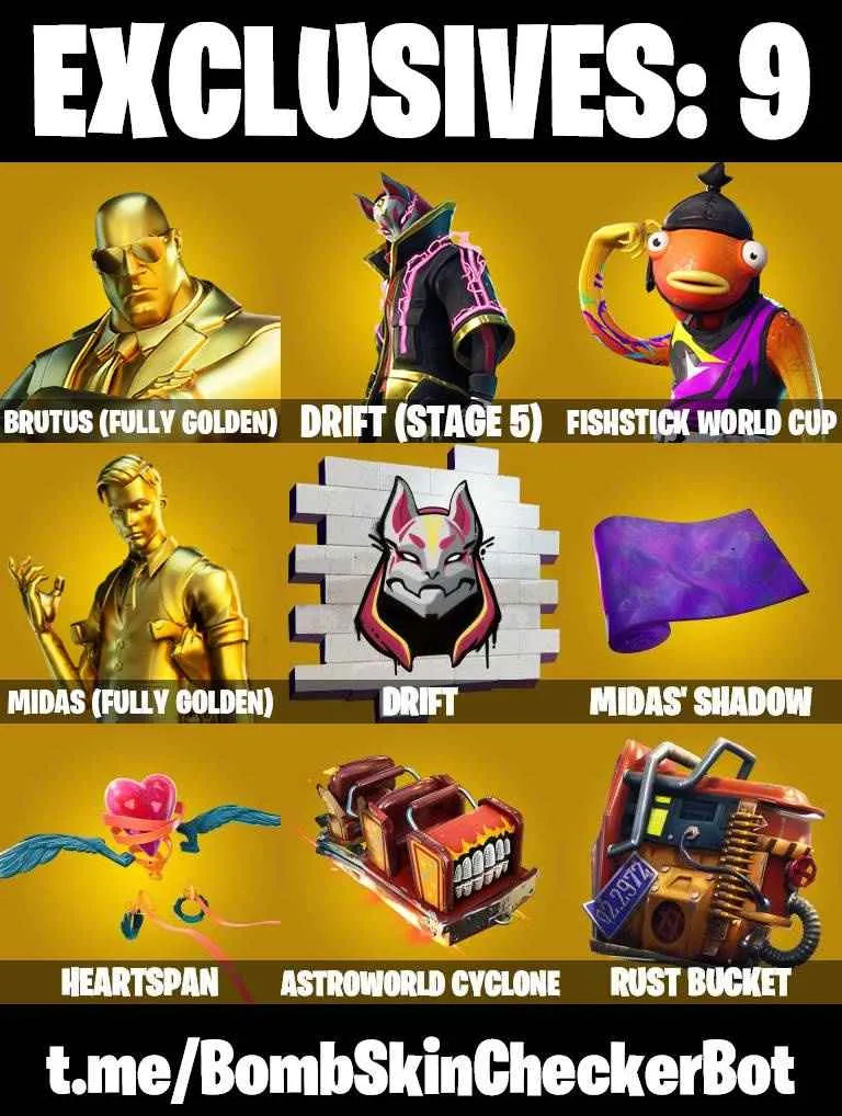 ❤️125 SKINS❤️FISHSTICK(MAX)❤️WHIPLASH❤️BRIANIAC❤️LARA CROFT❤️MANDALORIAN❤️SPIDER-MAN❤️TOY TROOPER❤️GOLDEN MIDAS❤️MAYA❤️ONESIE(MAX)❤️JULES(MAX)❤️TSUKI 2.0❤️CHARLOTTE❤️TOONA FISH❤️AGENT PEELY❤️ASTROWORLD CYCLONE❤️RUST BUCKET❤️PEPPERMINT PICK❤️CAN PLAY ON PSN❤️