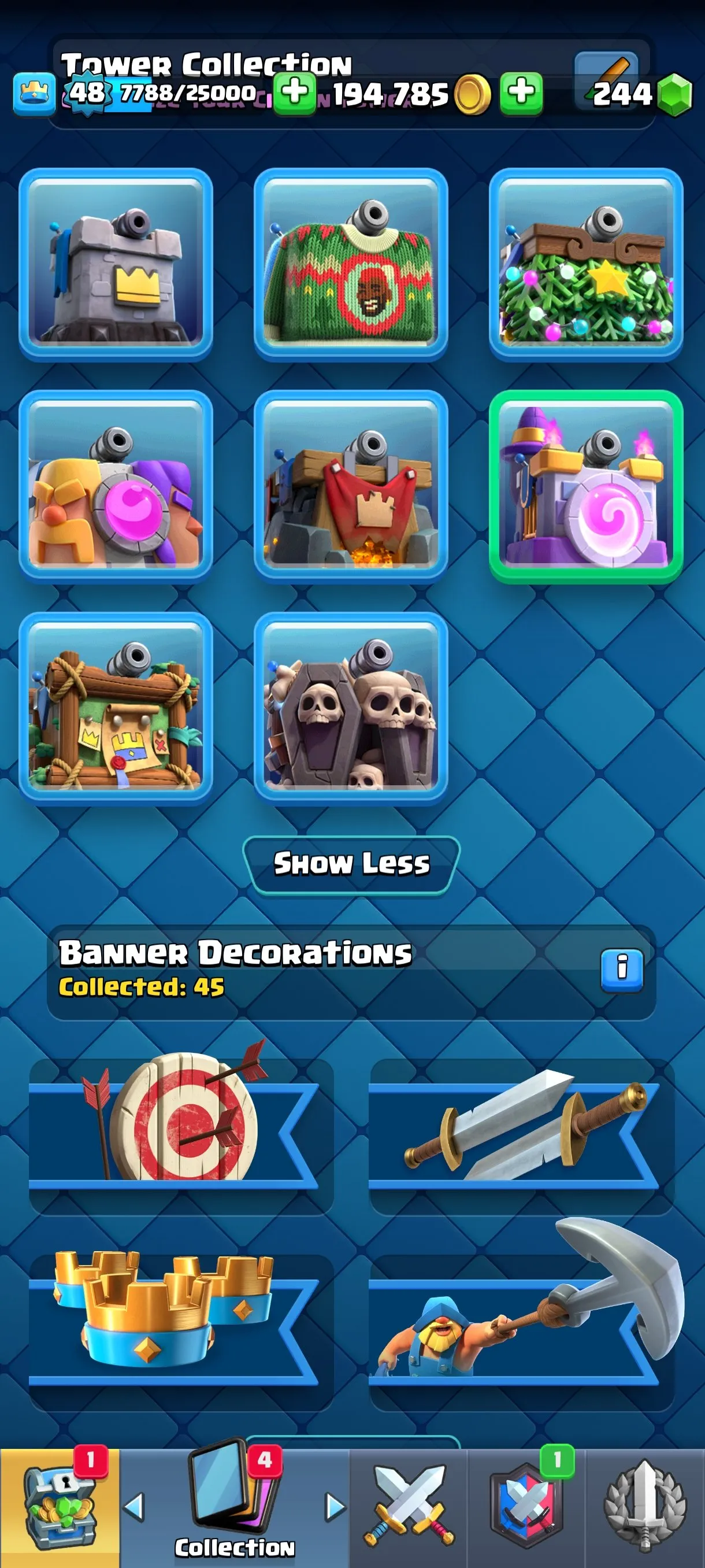 CR535 10,000 Trophies - Level 48 - 11 Evolutions - 55 Emotes - 7 Tower Skins - 121/121 Cards - 194,785 Gold - 244 Gems