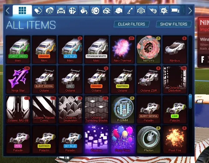 STOCK410 //Fennec, Over 80 Cars, 500+ Exotic Drops, Painted Hotshot, Dominus, Endo, 20+ Painted Octanes, Draco, Dynamo, Mainframe, Dissolver, Popcorn, Parallax, Juiced, Zomba, Stella, Santa Fe