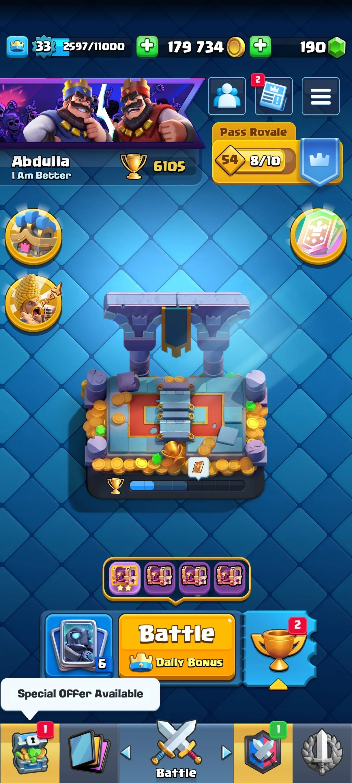 CR675 6105 cups 0 Evolutions 109 cards 190 gems 179734 gold King 33 Arena 17 29 emotes 1 tower rich badges