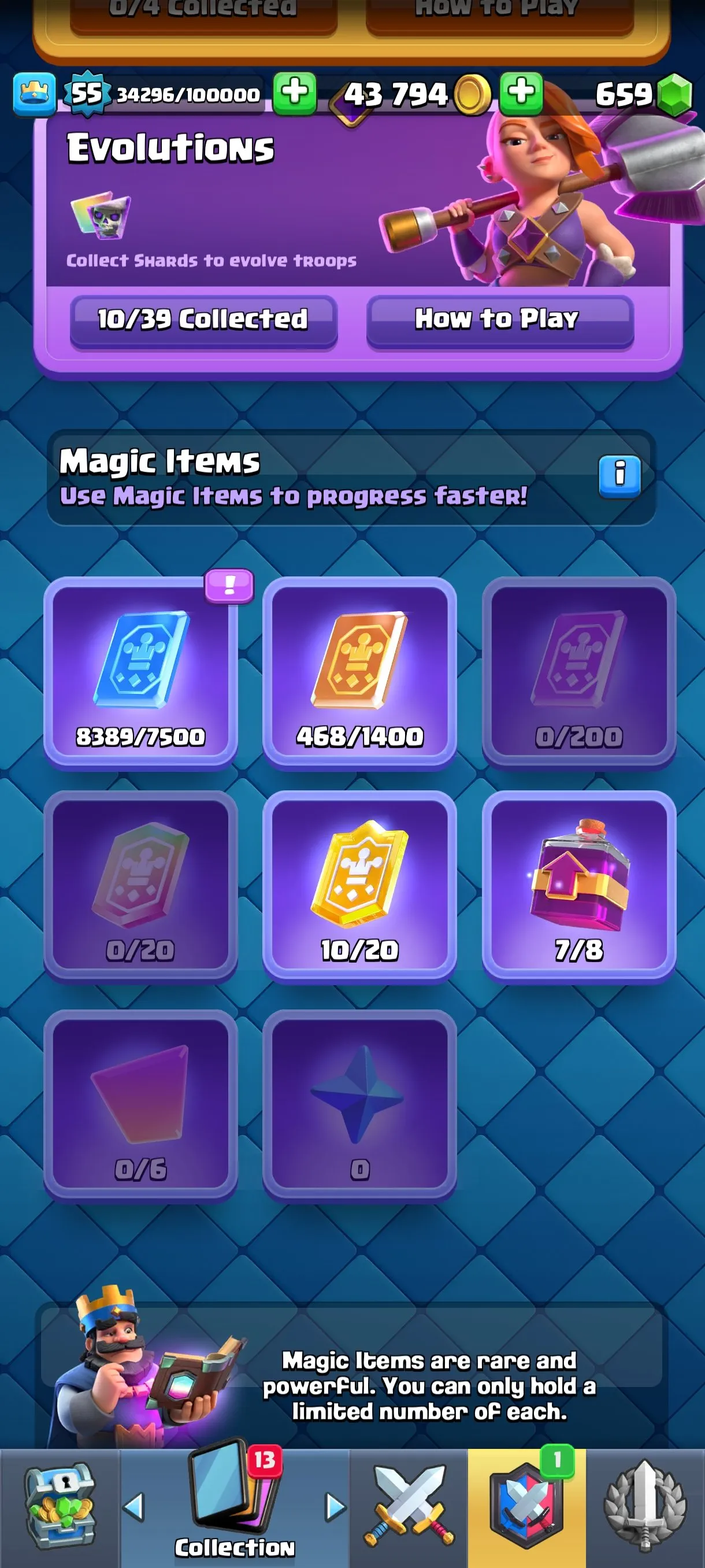 CR681 10000 cups 10 Evolutions 121 cards 659 gems 43794 gold King 55 Arena 25 69 emotes 9 tower skins max balloon mega knight