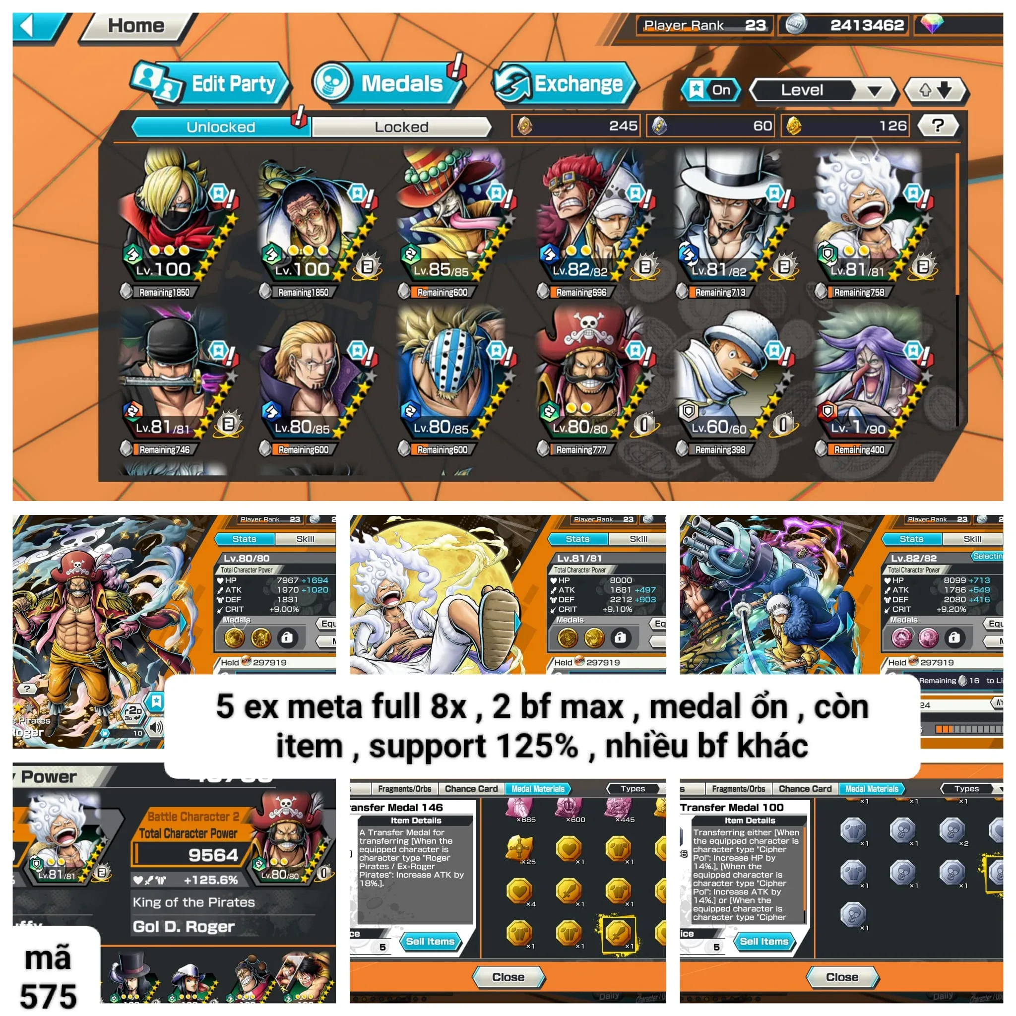 HH6-IOS-Android-5 Ex(Luffy G5-Kid Law-Lucci-Zoro-Roger V1)-BF(Kaku-Sanji-Perospero)-SUP 125-Medal Good