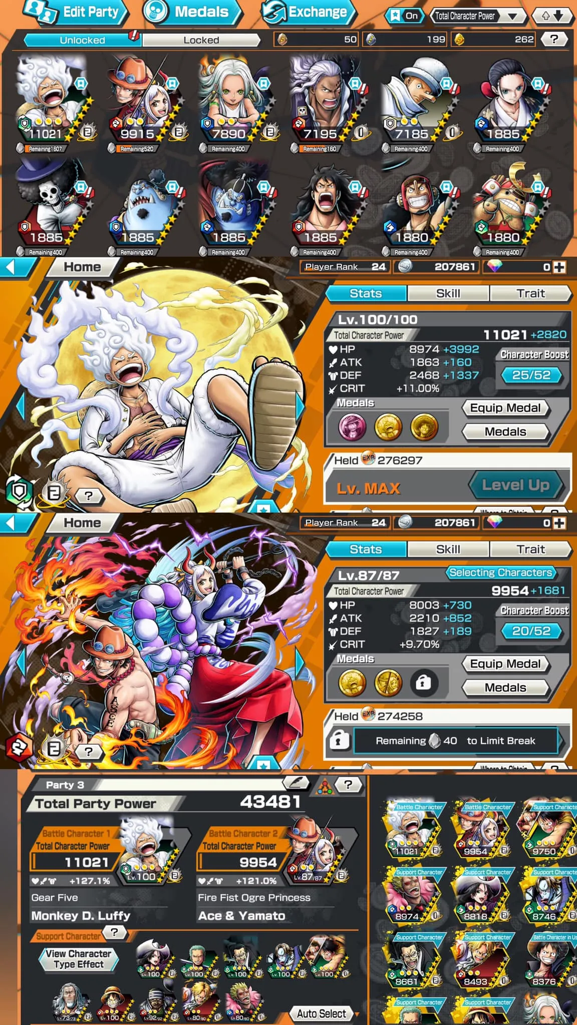 HL29-IOS-Android-1-3 Ex Max(Luffy G5-Yamato Ace-S Snake)-BF(King-Kaku-Brook)-SUP 127-Medal Good