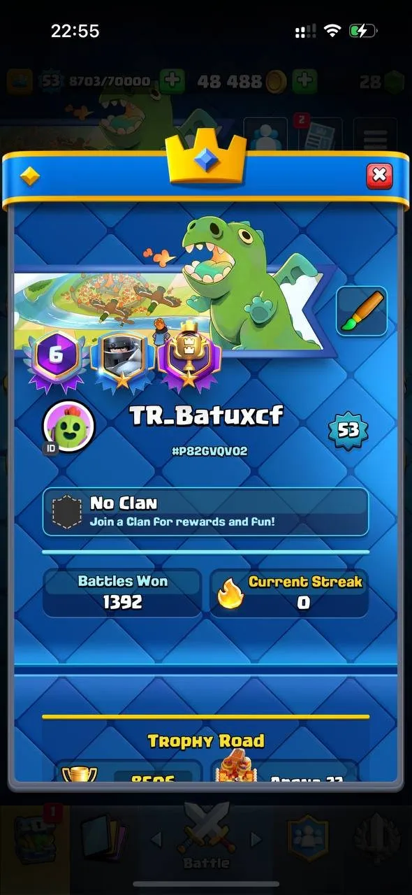 CR628 8.5K Trophies L53 Arena 22 120 Cards 20 Legendaries Valkyrie Deck 1 L16 1 L15 Card 7 Evolutions 49 Emotes 28 Gems 48K Gold