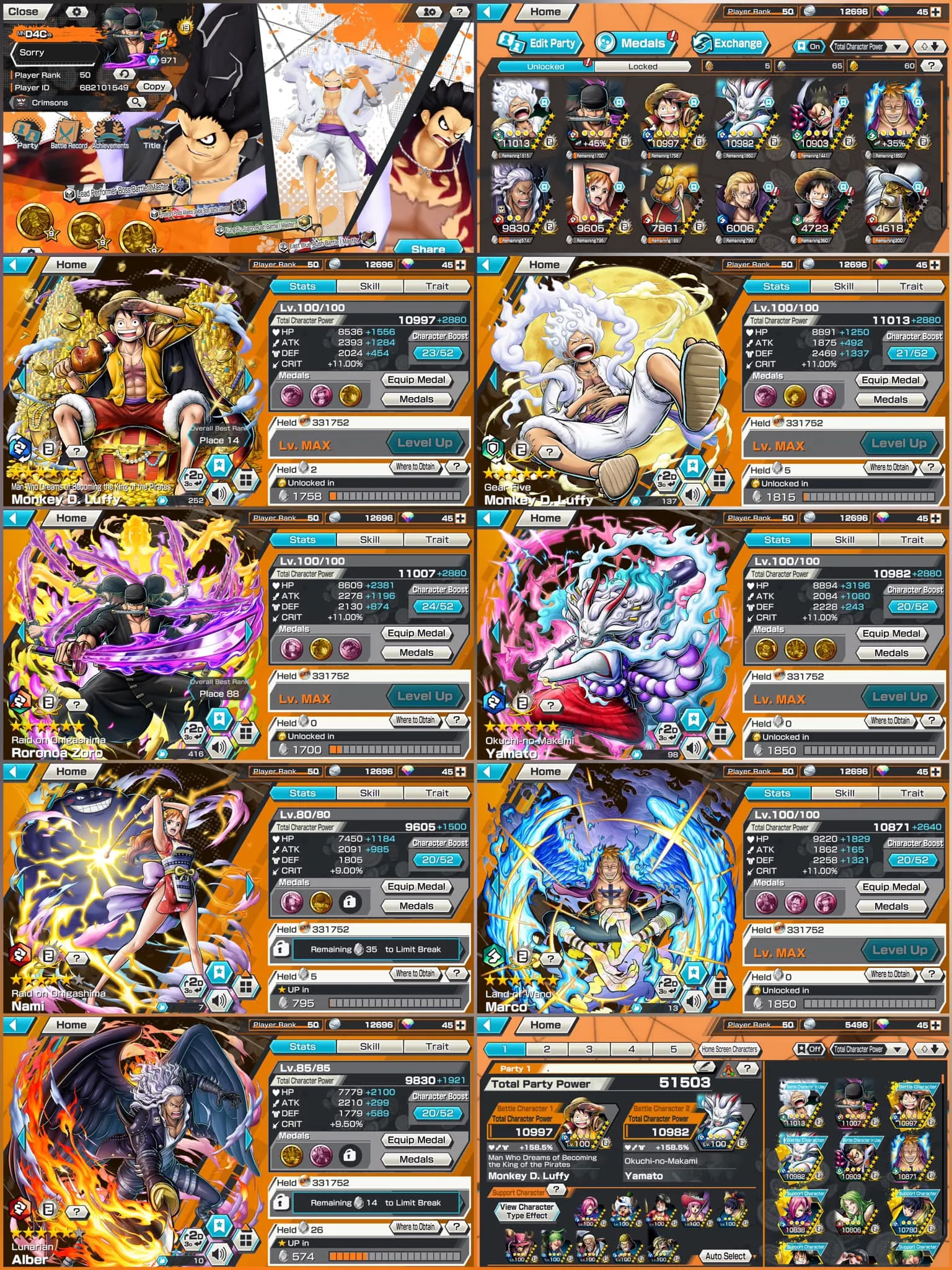 IOS-Android-4 Ex Max(Luffy Nika-Zoro-Luffy King-Yamato)-Good BF Marco Max-Nami-King-SP 158-Good Medal-HL36