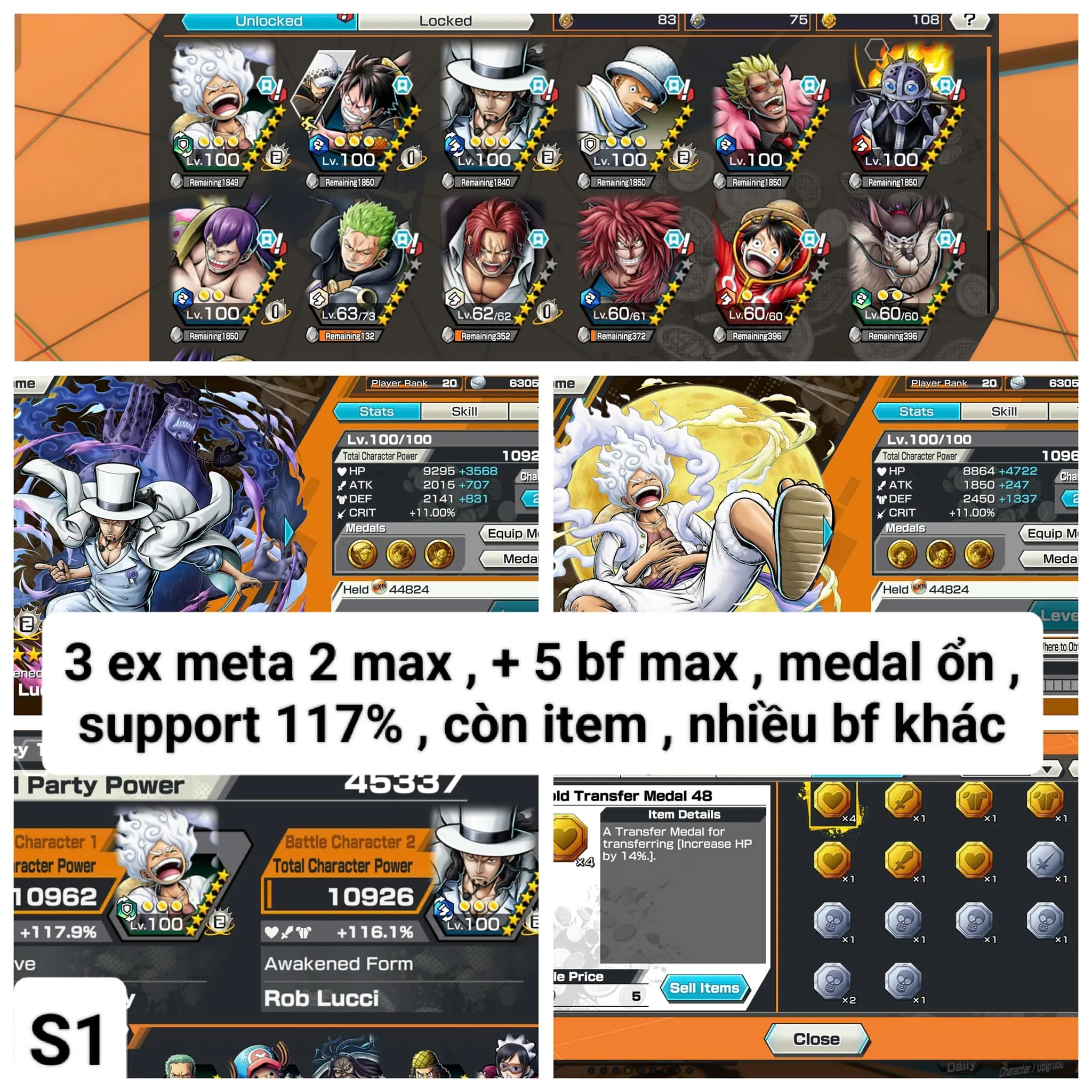 IOS-Android-2-3 Ex Max(Lucci-Luffy Nika-Shank V4)-Good BF Max Kaku-King-Doffy-Cracker-SP 117-Good Medal-HH42