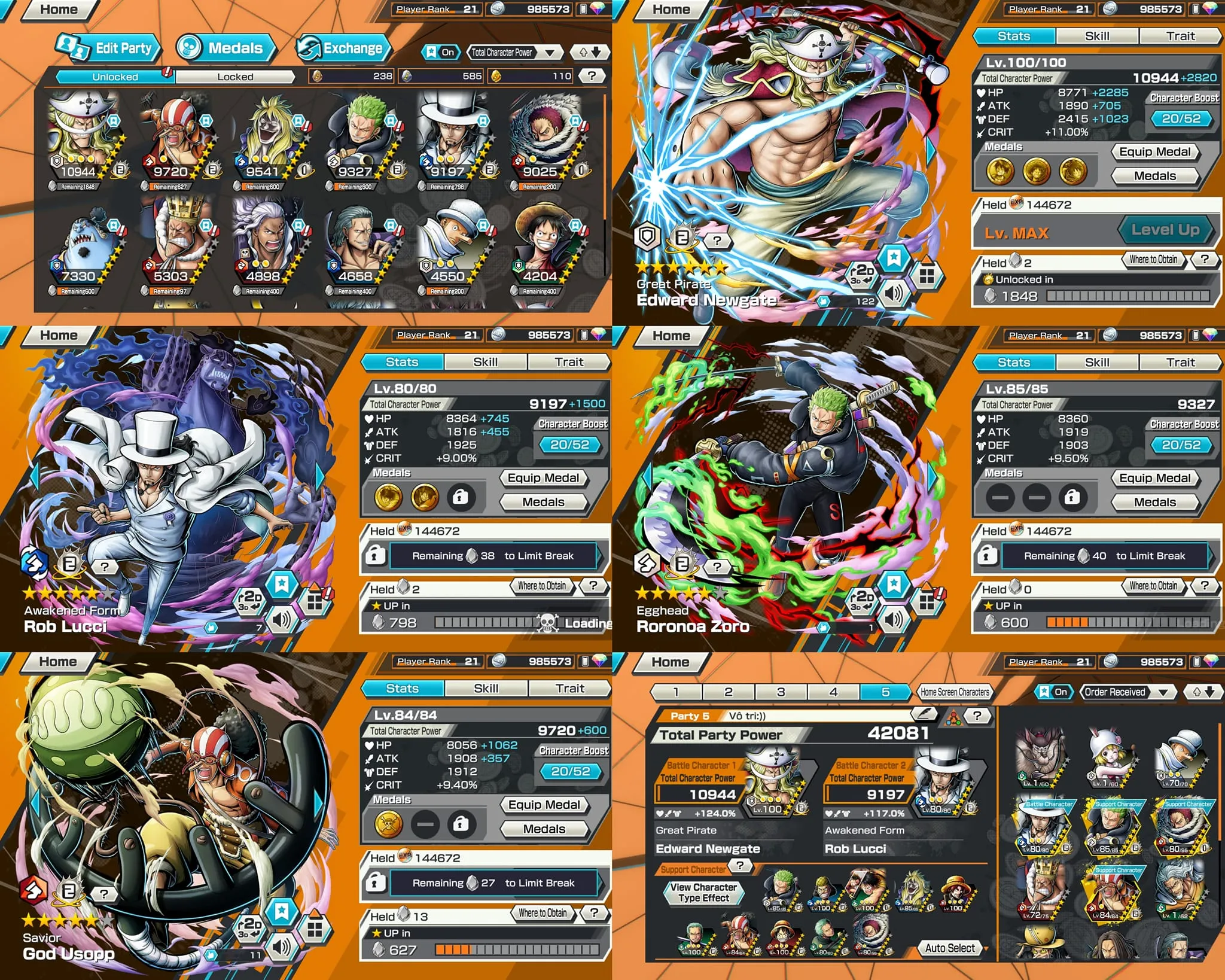 IOS-Android-2 Ex(Lucci-White Beard Max)-Good BF Zoro-Ussop-Katakuri-Jinbe-SP 124-Good Medal-QC59