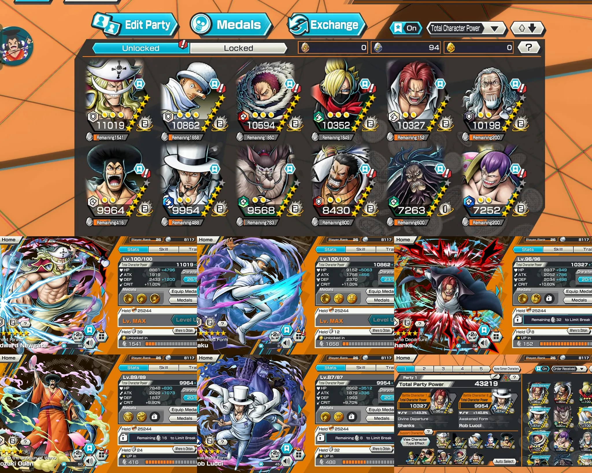 IOS-Android-3 Ex(White Beard Max-Lucci-Shank V4)-Good BF Kaku Max-Sanji Max-Rayleigh-Oden-SP 143-Good Medal-QC60