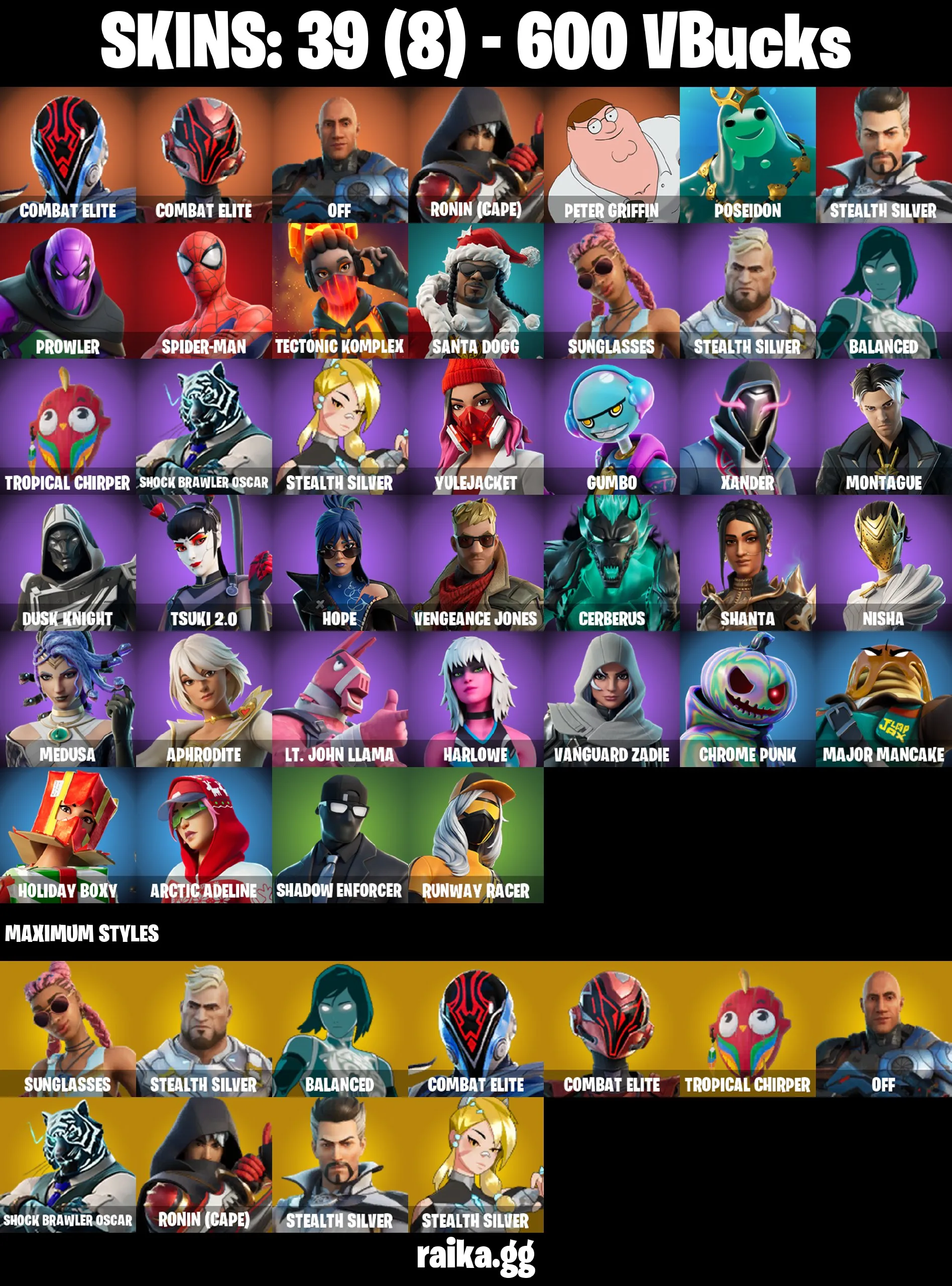 ✨39 skins✨Combat Elite✨Combat Elite✨off✨Ronin (Cape)✨Peter Griffin✨Poseidon✨Stealth Silver✨Prowler✨Spider-Man