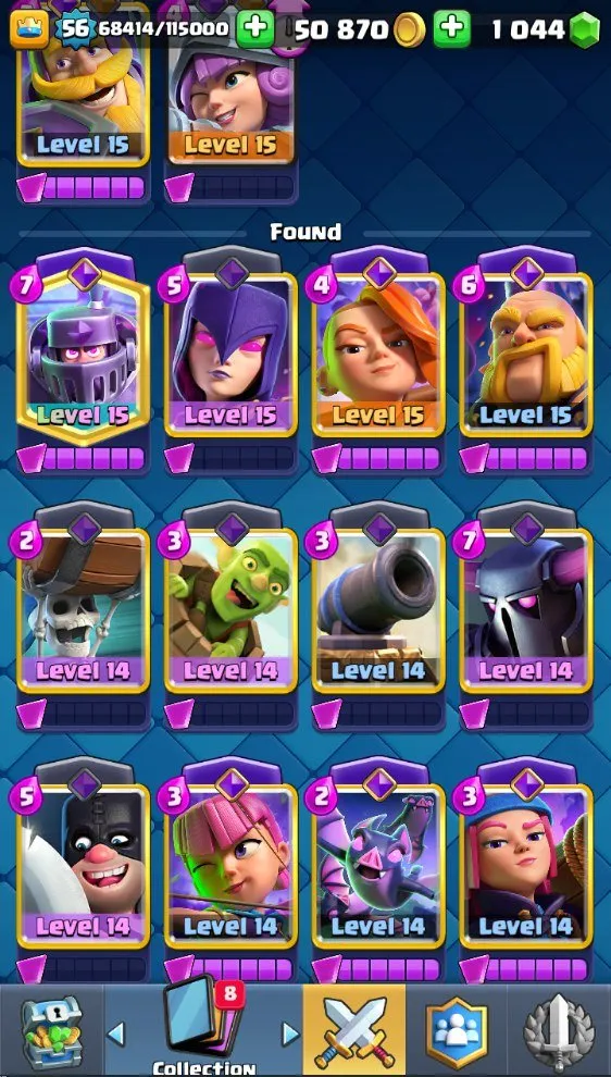 CR715 Level 56 deck with Balloon 9 level 15 23 level 14 10 evolutions 10k trophies Arena 24 50k gold 1k gems 81 emotes all 121 cards unlocked
