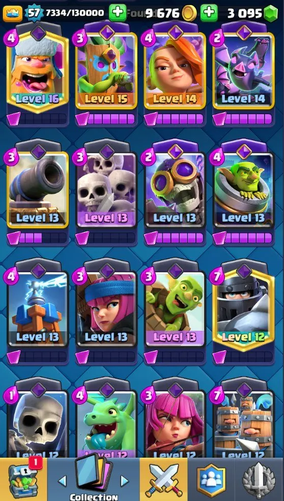 CR545 10k trophies lvl 57, 120 cards 19 legendary, lumberjack deck, 2 lvl 16 2 lvl 15, 3k gems, 85 emotes