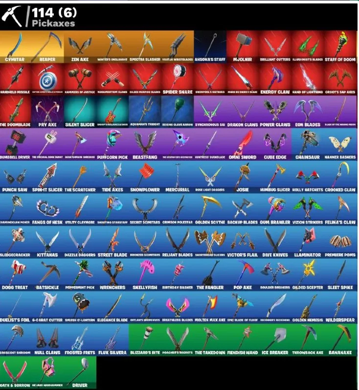 F941 JULES, AURA, GO MUFASA, LARA CROFT, TONY STARK, SURF WITCH, MYSTIQUE, Unique Dances & Pickaxes (G)