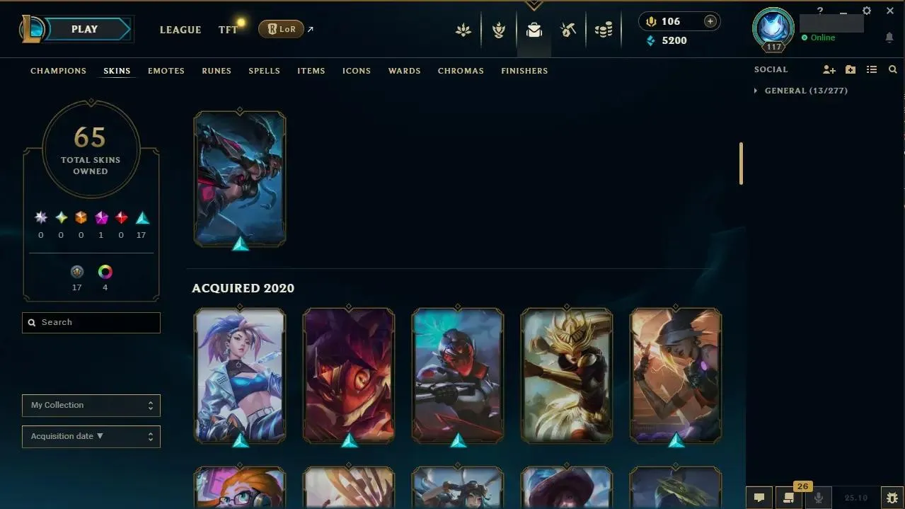 EUW ⭐ Hand-made ⭐ LV: 117 ⚡ ♟️ Champs: 155 🎨 Skins: 65  💰 BE: 5200 👑 1st Owner
