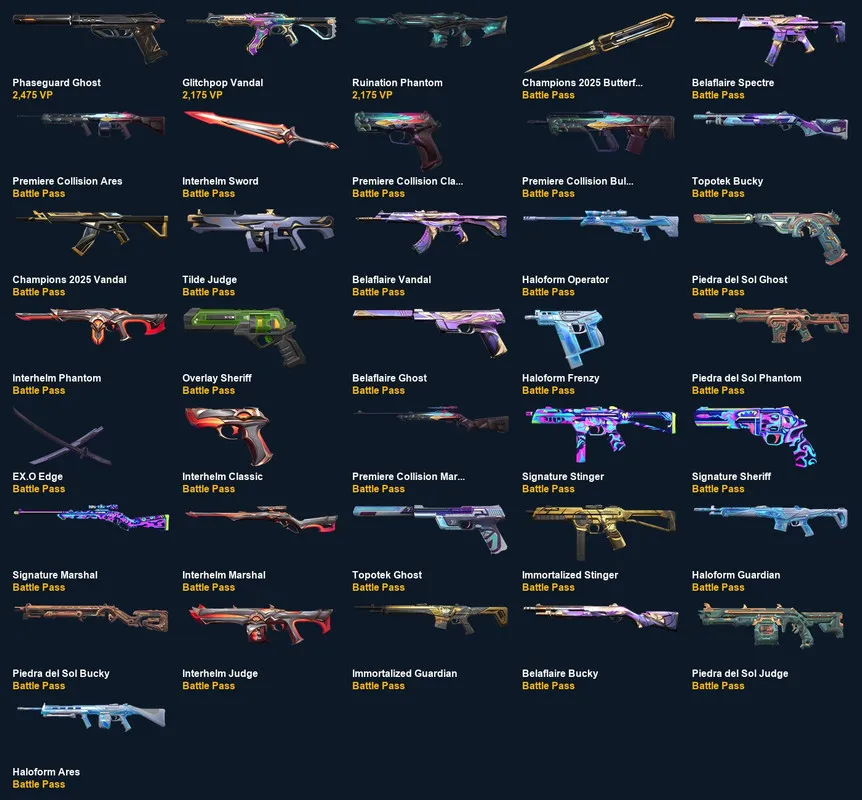 V100 //Champions 2025 Butterfly Knife, EX.O Edge, Champions 2025 Vandal, Ruination Phantom, Glitchpop Vandal, Phaseguard Ghost, Belaflaire Spectre, Signature Sheriff
