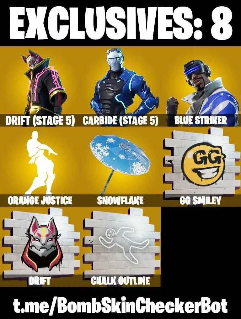❤️121 SKINS❤️GET GRIDDY❤️JOLTARA❤️IRON SPIDER❤️AHSOKA TANO❤️ORANGE JUSTICE❤️STAR WAND❤️ERA(MAX)❤️MAYA❤️ZOEY❤️ARTEMIS❤️ROOK❤️MARIPOSA❤️AGENT PEELY❤️DRIFT(STAGE 5)❤️CARBIDE(STAGE 5)❤️SNOWFLAKE❤️PEPPERMINT PICK❤️TAKE THE ELF❤️CAN PLAY ON PSN❤️XBOX❤️PC❤️