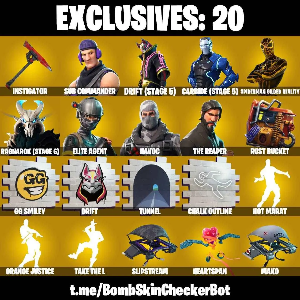 ❤️91 SKINS❤️TAKE THE L❤️MAKO❤️THE REAPER❤️ELITE AGENT❤️OMEGA❤️HAVOC❤️SUB COMMANDER❤️DYNAMO DANCER❤️GILDED SPIDER-MAN❤️ORANGE JUSTICE❤️STAR WAND❤️DUMMY❤️HUMAN BILL❤️TSUKI 2.0❤️ZOEY❤️ROOK❤️JULES❤️REVERIE❤️DRIFT(STAGE 5)❤️RAGNAROK(STAGE 6)❤️CARBIDE(STAGE 5)❤️